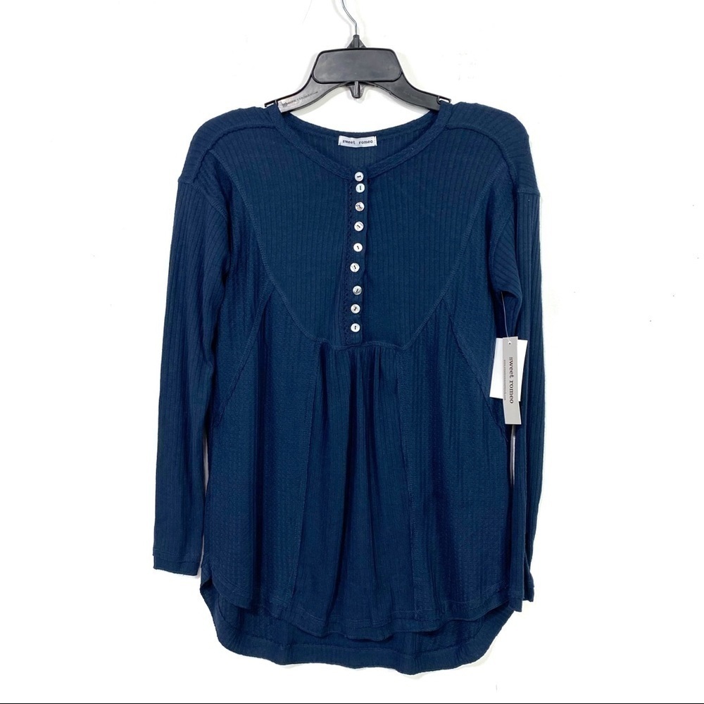 ⭐️ NEW Sweet Romeo Waffle Knit Oversized Henley Long Sleeve Size XS In Navy Blue